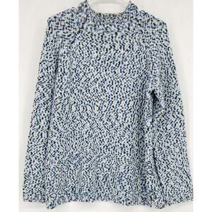 Talbots Sz L Roll Neck Raglan LS Blue Blk Wht Space Print Cotton Blend Sweater